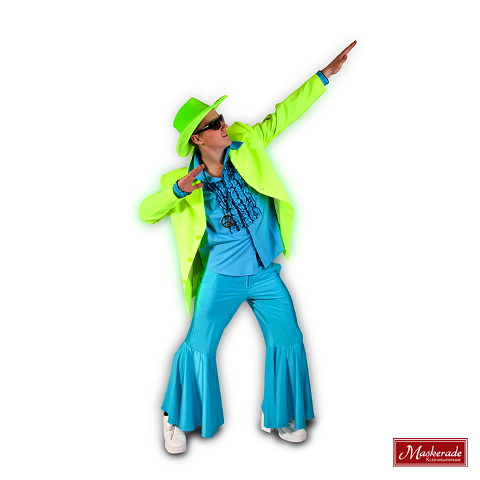 Blauw Discokostuum Met Blauwe Blouse En Fluoriserende Gele Jas 3 Blauw Discokostuum Met Blauwe Blouse En Fluoriserende Gele Jas
