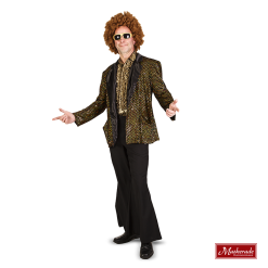 Zwarte Jas Met Gouden Blouse En Broek Met Wijde Pijpen