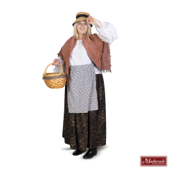 Charles Dickens: Zwart Met Bruin Gebloemde Rok En Witte Blouse En Oranje Overslag