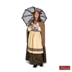 Charles Dickens: Goudbruine Rok Met Bloemenprint En Beige Blouse Met Borduursel En Bruine Omslag