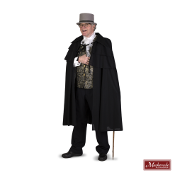 Charles Dickens: Zwarte Cape Met Gouden Bloemenprint Vest En Zwarte Broek