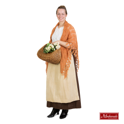 Witte Blouse, Bruine Rok, Beige Schort, Oranje Omslag