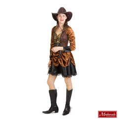 Korte Bruine Saloongirl Jurk Met Geplooide Rok